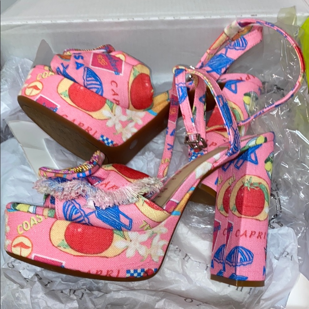 Gianni Bini Tobias Printed Linen Mismatched Buckle Platform Dress Sandals